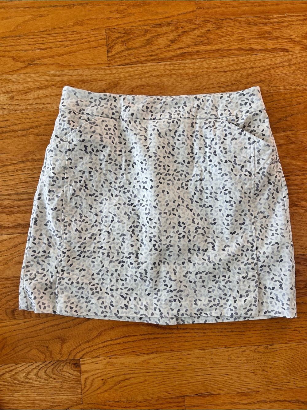 A-Line White Mini Skirt with Grey Leaf Print